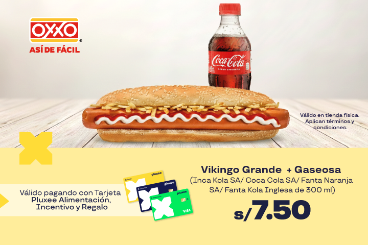 OXXO: VIKINGO GRANDE  + GASEOSA INCA KOLA SA/ COCA COLA SA/ FANTA NARANJA SA/ FANTA KOLA INGLESA DE 300 ML A S/7.50